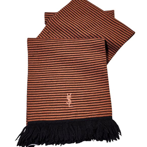 Vintage Saint Laurent Black Brown Striped Wool Scarf Fringed Ends - Picture 1 of 7